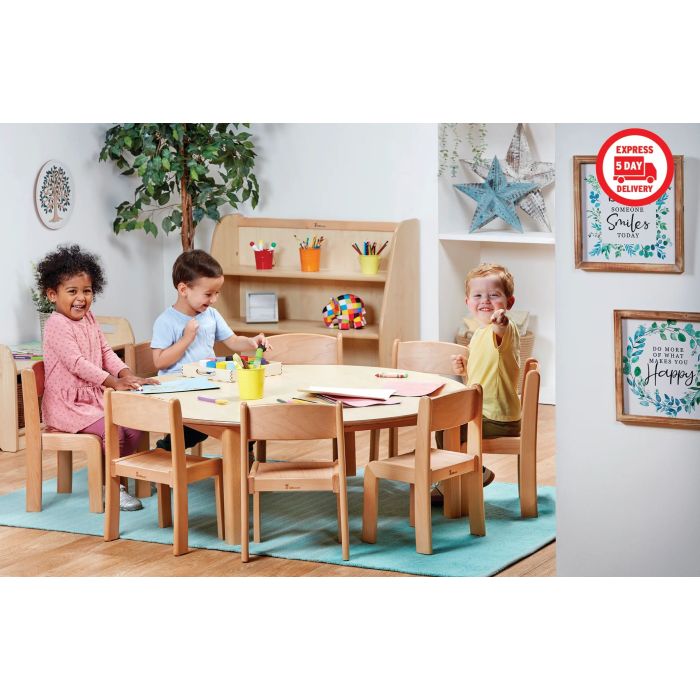 Millhouse Large Circular Table with 8 Beech Stacking Chairs