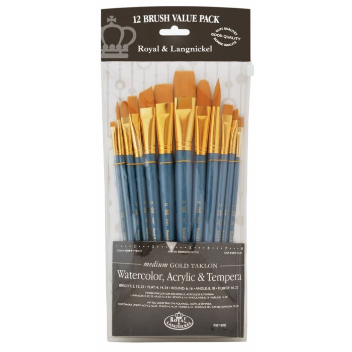 Royal & Langnickel Medium Soft Gold Taklon Brushes - Pk 12