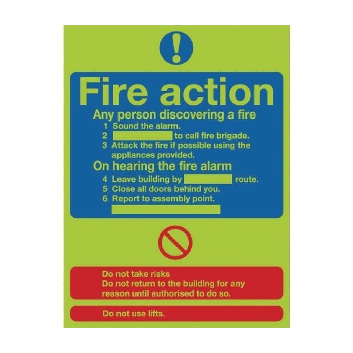 Fire Action Niteglo Sign 300 x 250mm PVC