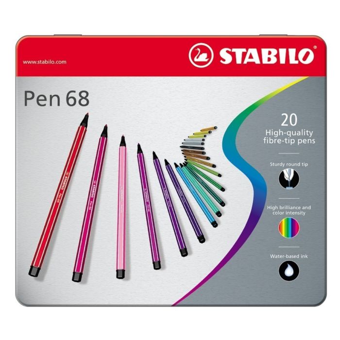 Stabilo Pen 68 - Fibre Tip Pens In Tin Assorted - Pack of 20