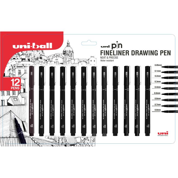 Uni-Ball Pin Fineliner Drawing Pens - Assorted - Pack of 12