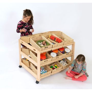 Solid Beech 18 Double Wicker Trays Tidy Trolley