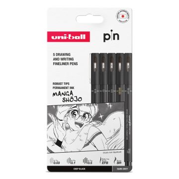 uni-ball PIN Manga Shojo Fineliners Black & Grey Pack of 5