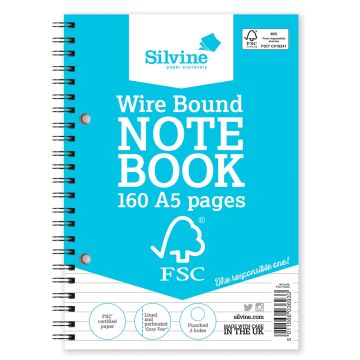 Silvine FSC Twin Wire Notebook - A5 - Pack of 5