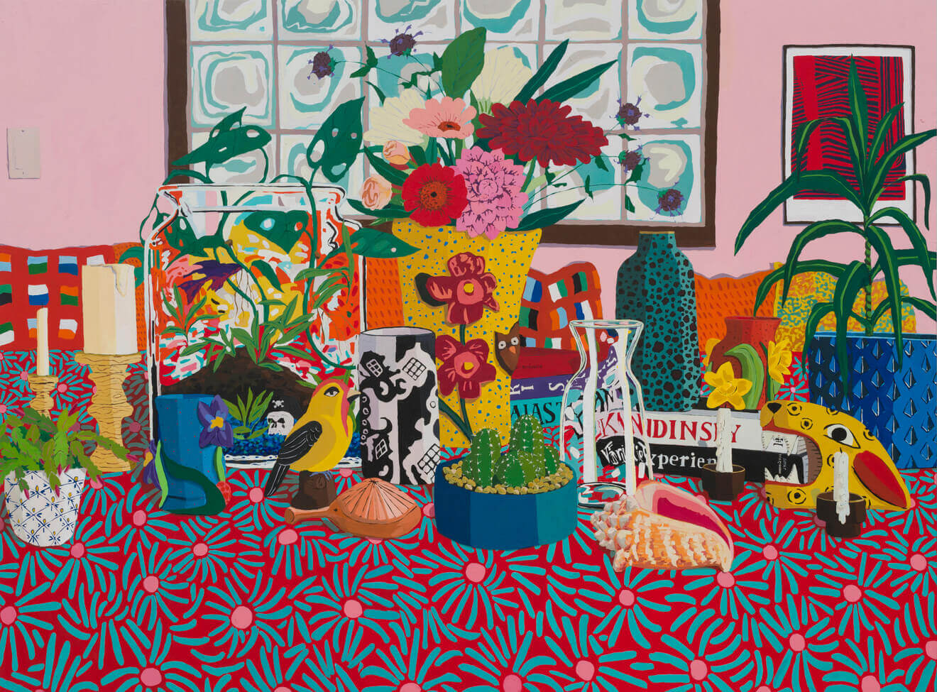 Hilary Pecis painting of an interior featuring bright colours, plants and patterned details