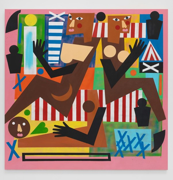 Nina Chanel Abney figurative artwork using flat colours, graphic shapes and simplified figures