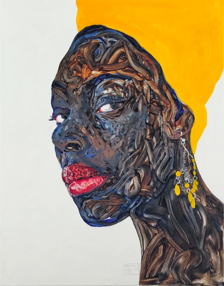 Expressive portrait by Amoako Boafo with textured areas of colour