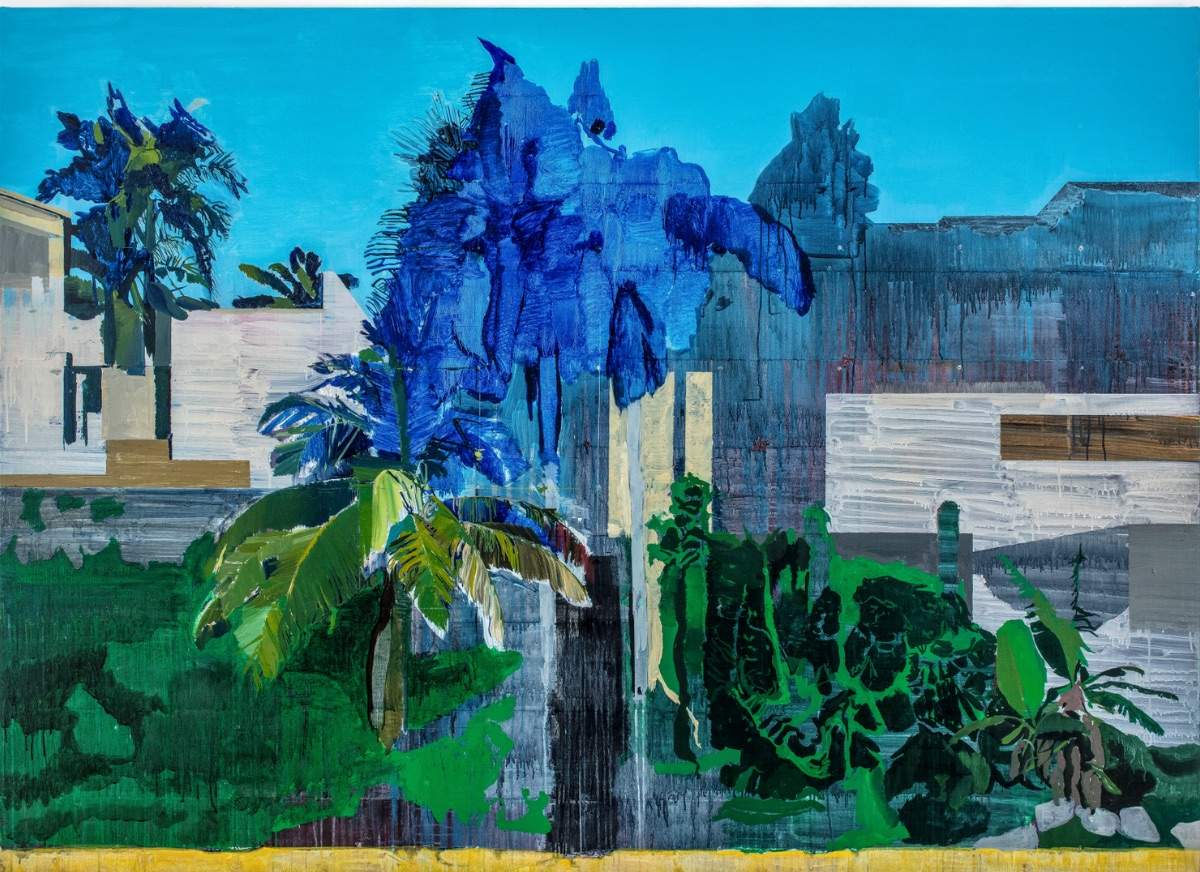 Hurvin Anderson landscape painting with layered shapes and vibrant colours