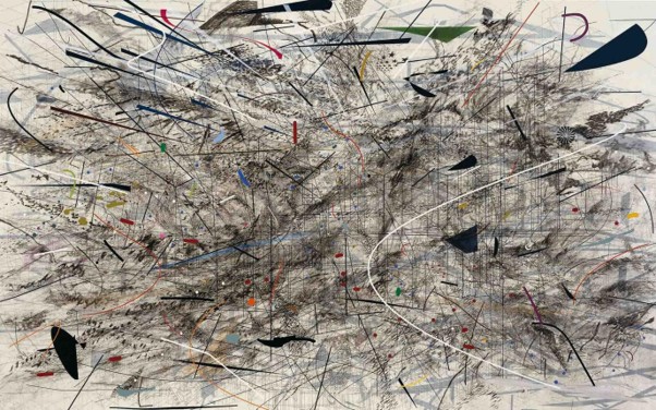 Julie Mehretu abstract painting combining architectural lines, marks and layered forms