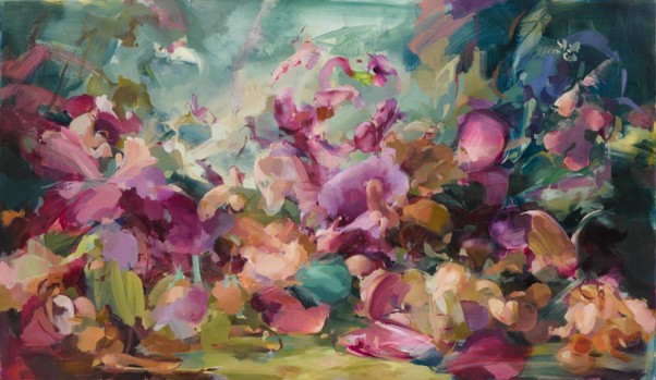 Abstract painting by Flora Yukhnovich with swirling forms and vivid colours