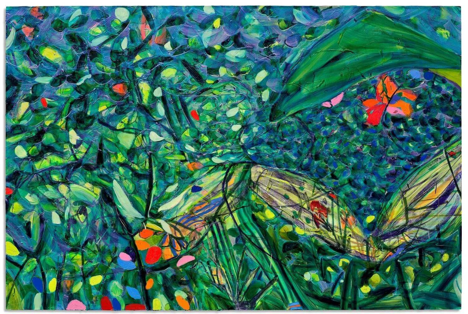 Abstract painting by Jad&eacute; Fadojutimi featuring energetic marks and layered vibrant colours