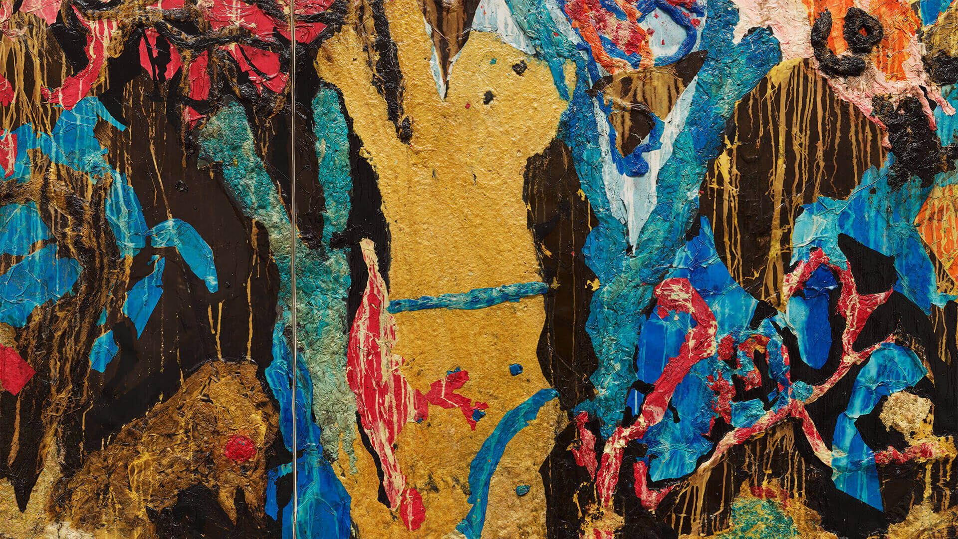 Mark Bradford abstract mixed-media painting with dense layers of paper and textured marks